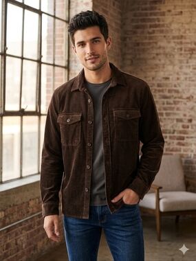 Express Mens Size Large Chocolate Brown Corduroy Shacket Button Down Casual